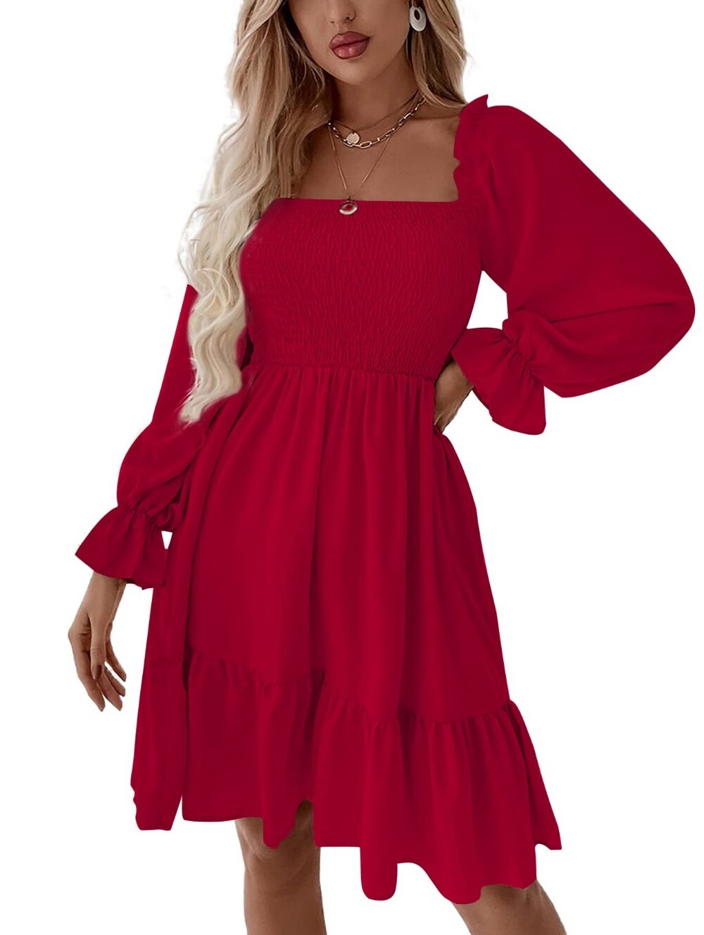 LYANER Women's Square Neck Lantern Long Sleeve Ruffle Shirred Mini Dress Sz S